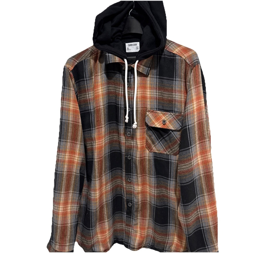 SVRN Code Hoodie Sz XL Brown Orange Plaid Flannel Grunge Street Skater Shirt